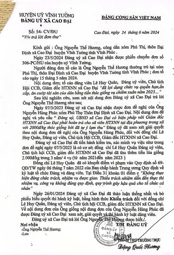 Văn bản số: 54-CV-ĐU ngày 26/4/2024 của Đảng ủy xã Cao Đại.