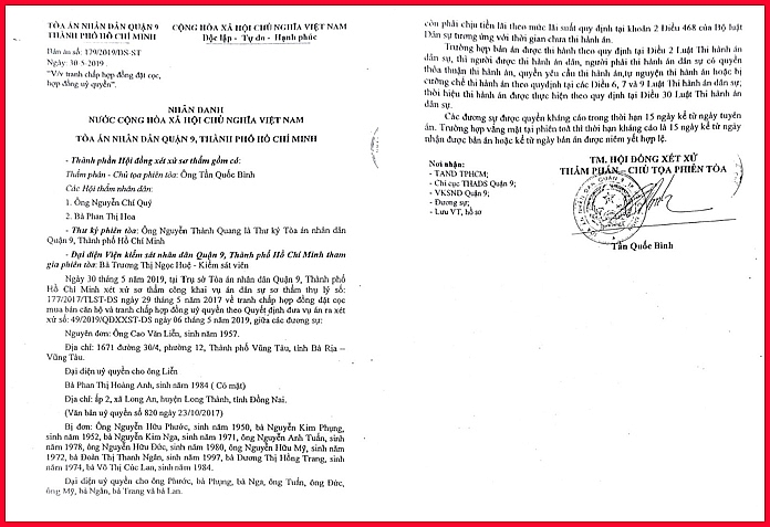 Bản án số: 179/2019/DS-ST ngày 30/5/2019 của TAND quận 9,  có hiệu lực pháp luật thi hành án. -Thông tin dịch vụ: ông Cao Văn Liễn gửi đơn cho Thủ trưởng Cơ quan Điều tra Viện KSND Tối cao.