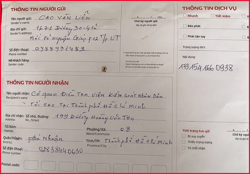 Thông tin dịch vụ: ông Cao Văn Liễn gửi đơn cho Thủ trưởng Cơ quan Điều tra Viện KSND Tối cao