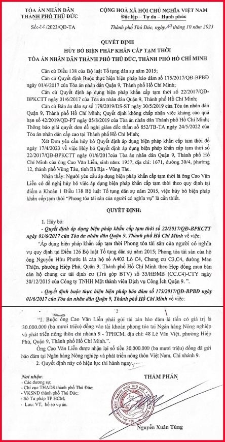 Quyết định hủy bỏ biện pháp khẩn cấp tạm thời số: 22/2023/QĐ-TA ngày 17/10/2023 của TAND TP Thủ Đức.