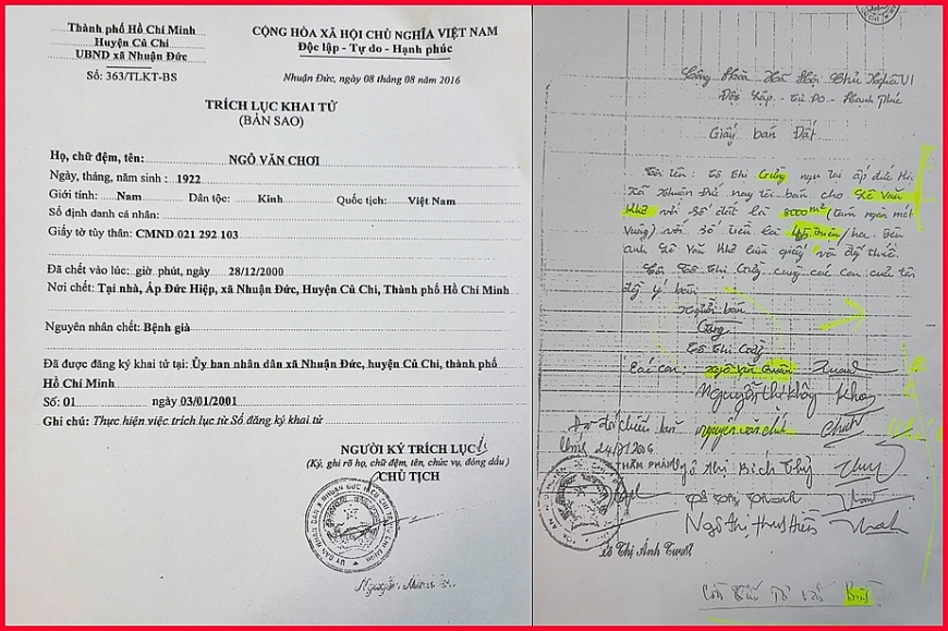 “Trích lục khai tử” cụ Ngô Văn Chơi và “Giấy bán đất” (có cả di sản của cụ Chơi chưa được chia).