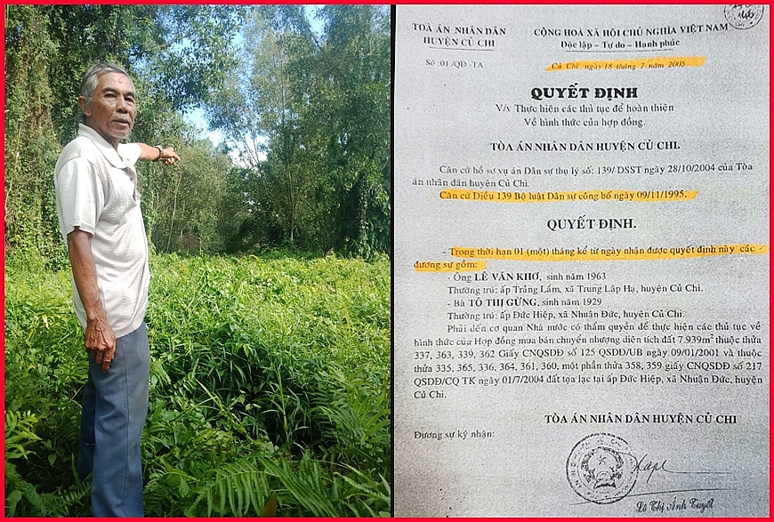 Ông Nguyễn Văn Chính tại khu đất của cụ Chơi, cụ Gừng để lại và  Quyết định số: 01/QD TA ngày 18/7/2005 của TAND huyện Củ Chi. 