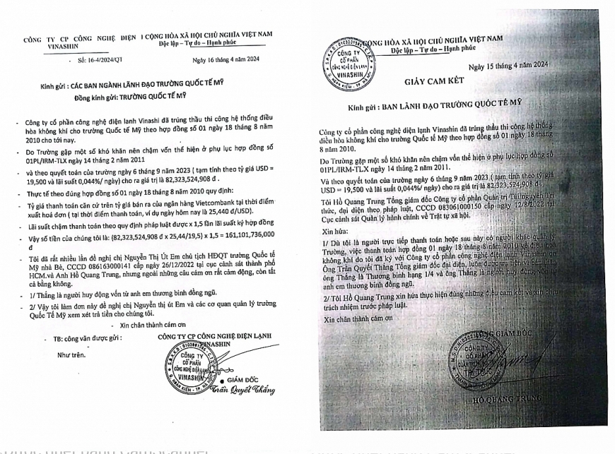 Văn bản đôn đốc trả nợ của Công ty CP Công nghệ Điện lạnh VINASHIN và Giấy cam kết của Công ty CP Quản trị Tài nguyên Tri Thức, do ông Hồ Quang Trung kí, đóng dấu. 