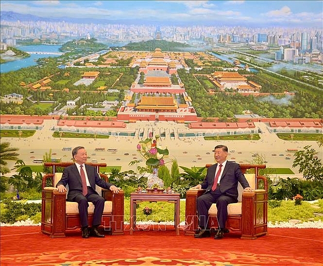 Tổng Bí thư, Chủ tịch nước Trung Quốc Tập Cận Bình mời Tổng Bí thư, Chủ tịch nước Tô Lâm dự Tiệc trà. Ảnh: TTXVN