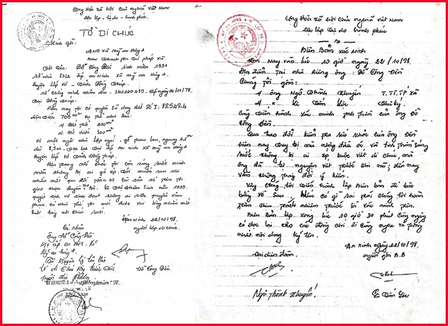 Năm 1998, cụ Đền lập lại tờ di chúc hoàn chỉnh về mặt pháp lí, có biên bản xác minh tinh thần người làm di chúc của chính quyền địa phương, theo đúng quy định của pháp luật.