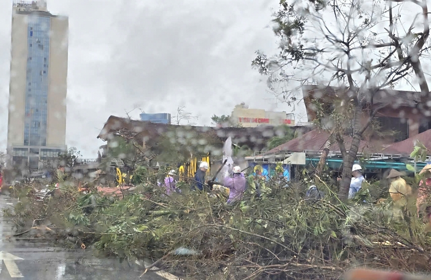                    Cán bộ, nhân dân Khu Cái Dăm, phường Bãi Cháy triển khai thu dọn cây gẫy đổ.