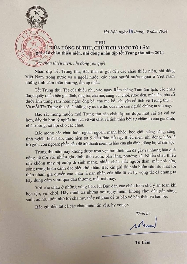 Tổng Bí thư, Chủ tịch nước Tô Lâm gửi thư chúc Tết Trung thu cho các cháu thiếu niên, nhi đồng