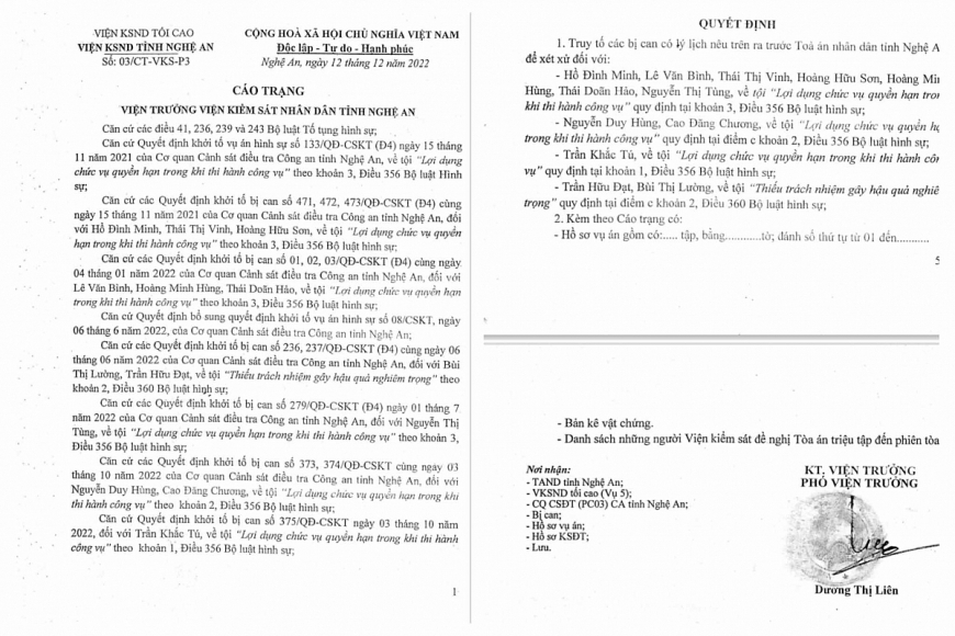 Cáo trạng số: 03/CT-VKS-P3 ngày 12/12/2022 của Viện KSND tỉnh Nghệ An (trang đầu và trang cuối)