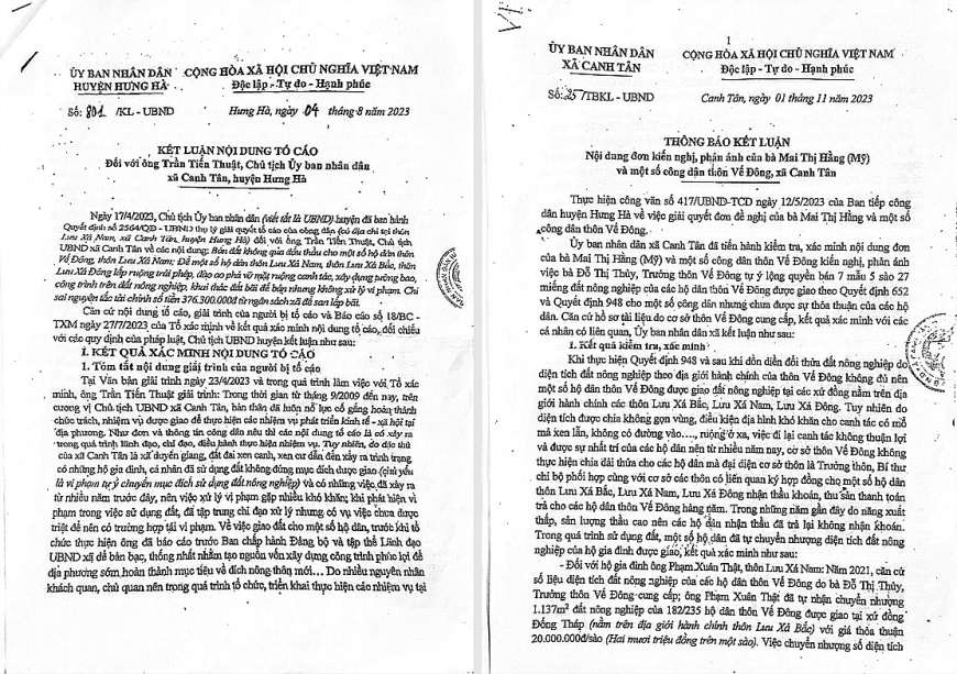Kết luận số: 801/KL-UBND của UBND huyện Hưng Hà và Kết luận số: 25/TBKL-UBND ngày 1/11/2023 của UBND xã Canh Tân trả lời công dân thôn Vế Đông.