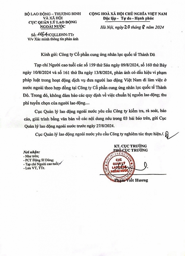 Văn bản của Cục Quản lí lao động ngoài nước gửi Công ty Thành Đô.