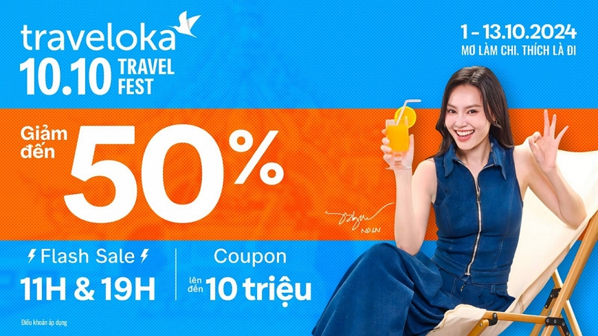 ●	Traveloka  10.10 Travel Fest mang đến ưu đãi giảm giá lên đến 50% cho vé máy bay, khách sạn, điểm tham quan và các sản phẩm du lịch khác