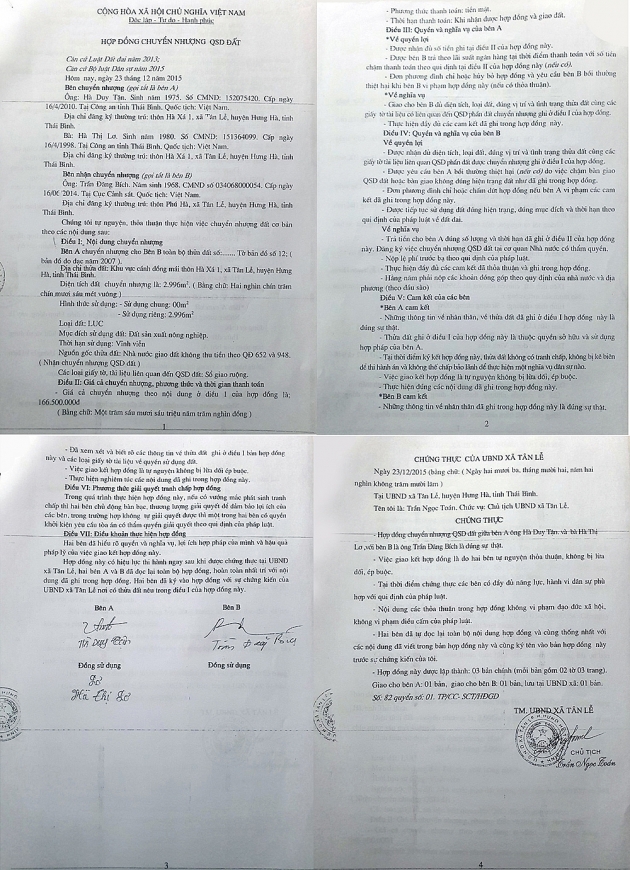 Hợp đồng chuyển nhượng QSDĐ khu vực cánh đồng mái hàng nghin mét vuông giữa ông Tận với ông Bích