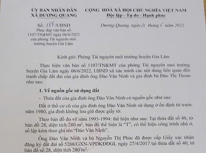 Văn bản phúc đáp của UBND xã Dương Quang gửi Phòng Tài nguyên và Môi trường huyện Gia Lâm 