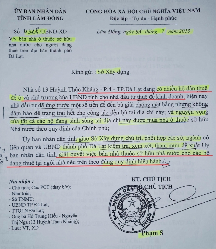 Văn bản năm 2013 của UBND tỉnh Lâm Đồng với chủ trương thu hồi nhà, đất của dân “cho doanh nghiệp thuê để kinh doanh” (!)