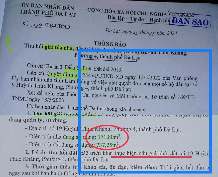Thông báo thu hồi, giải tỏa nhà đất. 