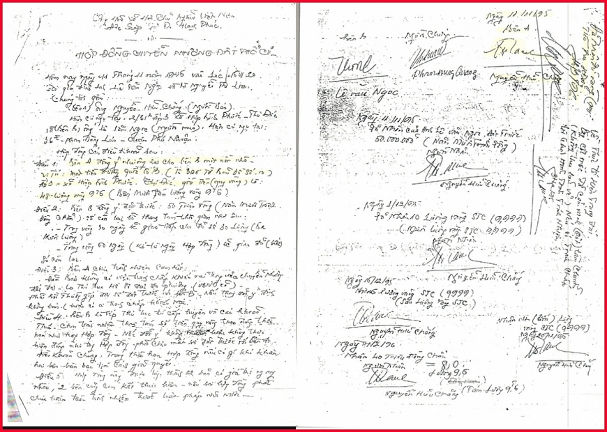 Hợp đồng ngày 11/11/1995, chuyển nhượng một nền nhà (đất thổ cư), diện tích 318m2 (diện tích đo đạc giải quyết tranh chấp là 295m2), giữa ông Chắng và ông Ngọc.