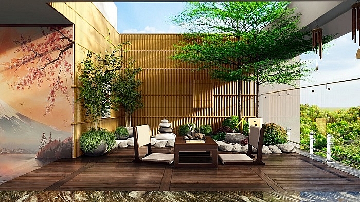 Sân vườn tầng mái phong cách Nhật tại Flamingo Golden Hill