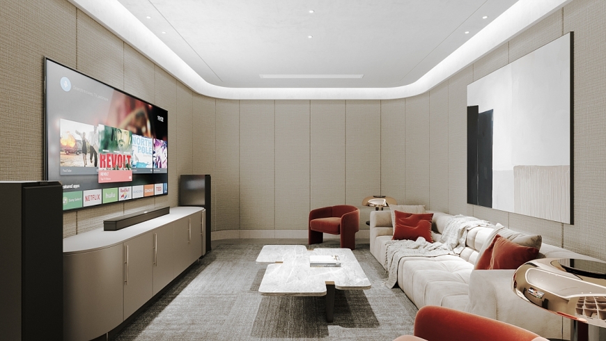 Phối cảnh phòng karaoke được bố trí trong hầm townhouse