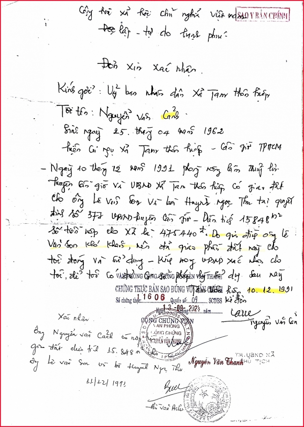 Đơn xin xác nhận ông Cảnh nhận đất 15.848m2 là vợ chồng ông Son, bà Thu có danh sách giao đất theo Quyết định số 377 của UBND huyện Duyên Hải (nay là huyện Cần Giờ)