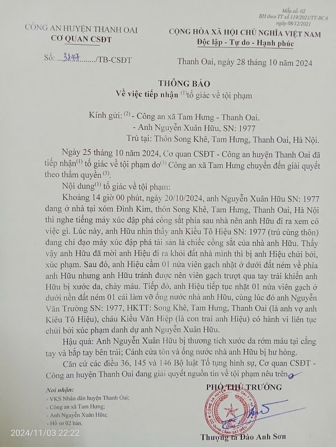 Thông báo số 3147/TP-CSĐT ngày 28/10/2024 của Cơ quan CSĐT, Công an huyện Thanh Oai.