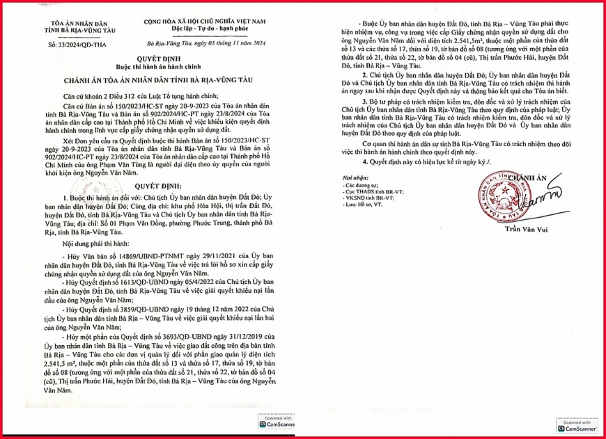 Quyết định số 33/2024/QĐ-THA, ngày 5 tháng 11 năm 2024 của Chánh án TAND tỉnh BR-VT về việc Buộc thi hành án.