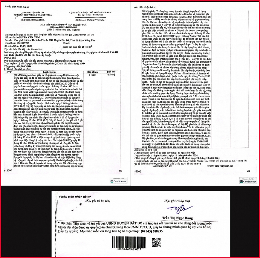 Giấy tiếp nhận hồ sơ và hẹn trả kết quả - Mã hồ sơ: H06-.39-240917-0017, hẹn trả kết quả vào ngày 29/10/2024. 