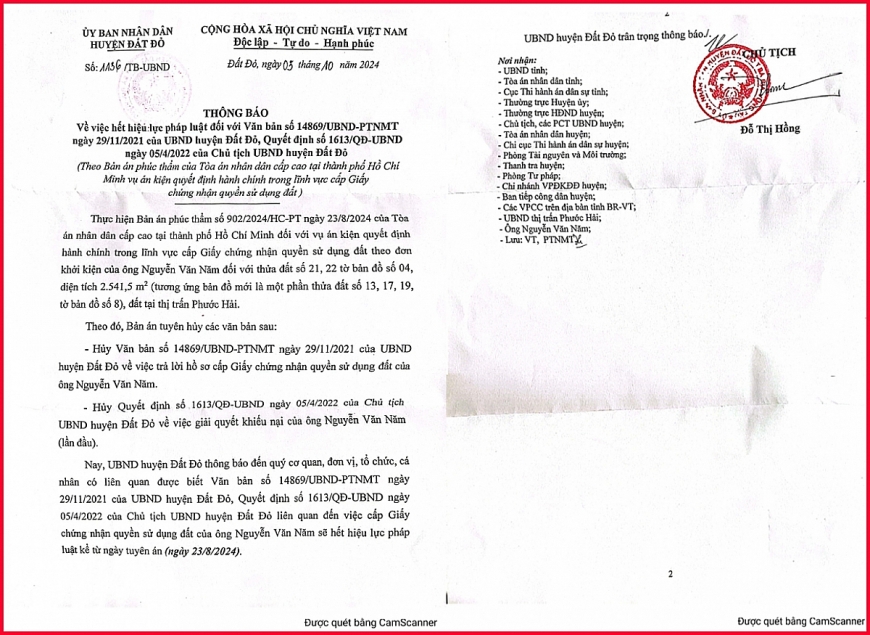 Thông báo số: 1156 /TB-UBND ngày 5/10/2024 “Về việc hết hiệu lực pháp luật đối với Văn bản số 14869/UBND-PTNMT ngày 29/11/2021 của UBND huyện Đất Đỏ, Quyết định số 1613/QĐ-UBND ngày 5/4/2022 của Chủ tịch UBND huyện Đất Đỏ (Theo Bản án phúc thẩm của Tòa án nhân dân Cấp cao tại Thành phố Hồ Chí Minh vụ án kiện quyết định hành chính trong lĩnh vực cấp Giấy chứng nhận quyền sử dụng đất)