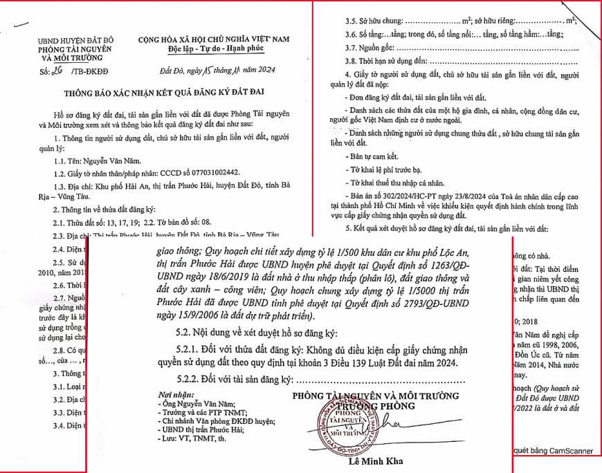 Thông báo số 26/TB-ĐKĐĐ của UBND ngày 15/11/2024 của UBND huyện Đất Đỏ về việc xác nhận kết quả đăng ký đất đai của tôi, có nội dung lặp lại Văn bản số: 14869/UBND-PTNMT ngày 29/11/2021 là “Không đủ điều kiện cấp giấy CN QSDĐ”.
