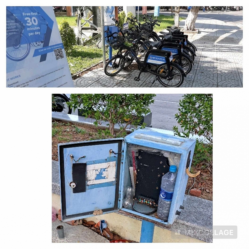 Trạm xe đạp điện và trụ sạc điện hỏng trên đường Hai Bà Trưng, TP Hội An.