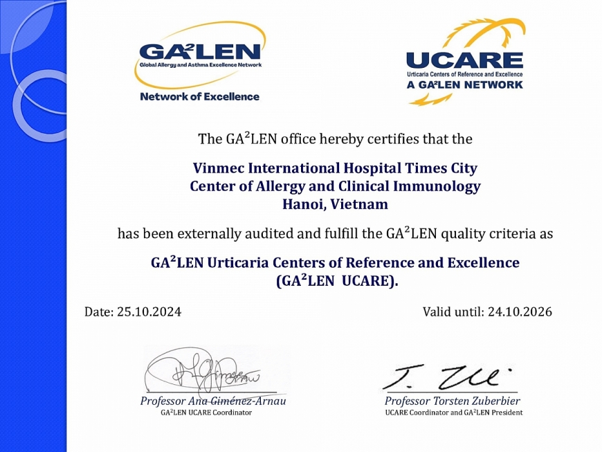Trung tâm Dị ứng - Miễn dịch lâm sàng của Bệnh viện Đa khoa Quốc tế Vinmec Times City hiện là cơ sở duy nhất đạt được chứng nhận UCARE