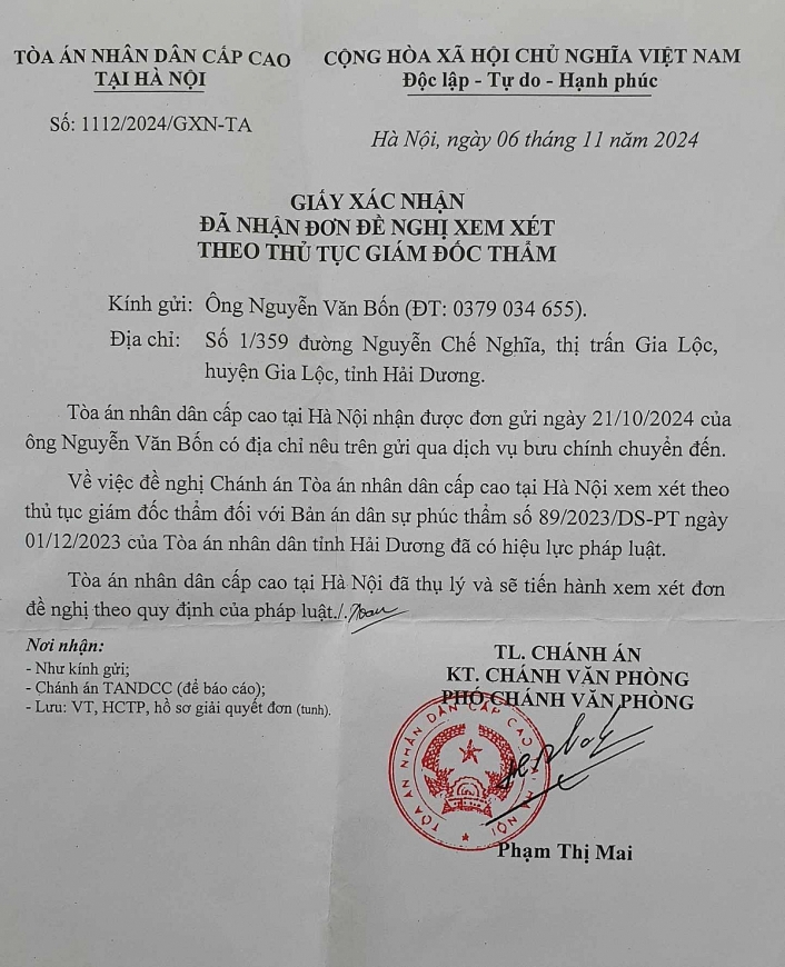 Giấy xác nhận số: 1112/2024/GXN-TA ngày 6/11/2024 của TAND Cấp cao tại Hà Nội.