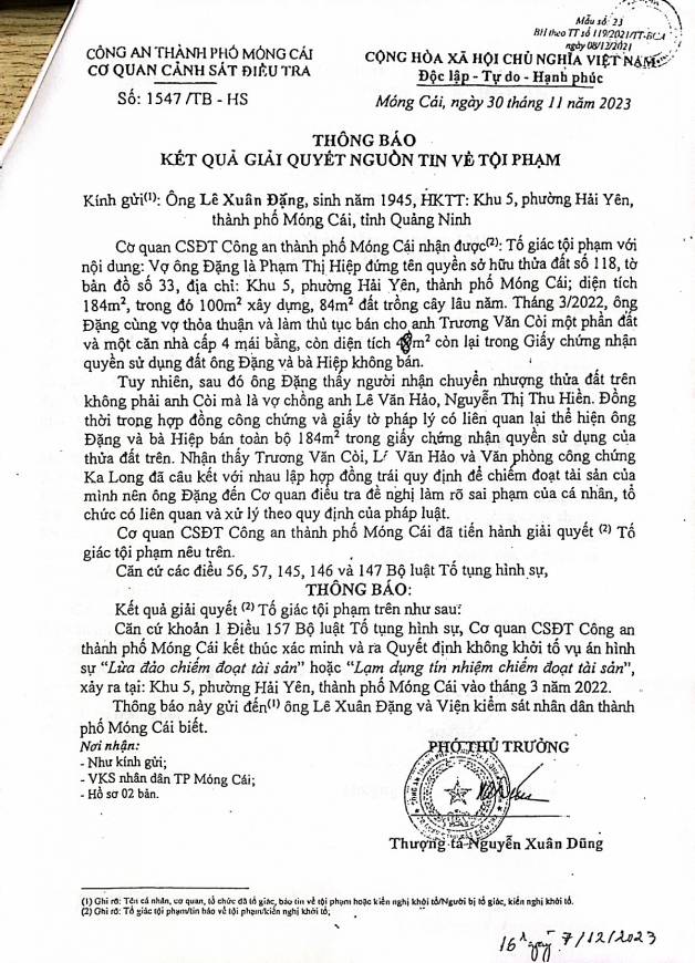 Thông báo số: 1546/TB-HS ngày 30/11/2023 về kết quả giải quyết nguồn tin tội phạm.