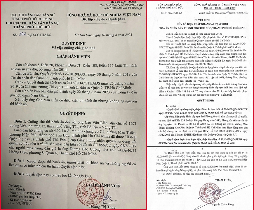 Quyết định số 142/QĐ-CCTHADS ngày 10/8/2023 “cưỡng chế giao nhà” đối với ông Cao Văn Liễn, trong khi hơn 2 tháng sau mới có Quyết định hủy bỏ biện pháp khẩn cấp tạm thời số 22/2023/QĐ-TA ngày 17/10/2023 đối với nhà bị cưỡng chế này