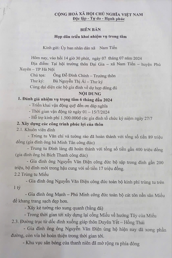 Biên bản họp triển khai nhiệm vụ trọng tâm thôn Đại Gia gửi UBND xã Nam Tiến.