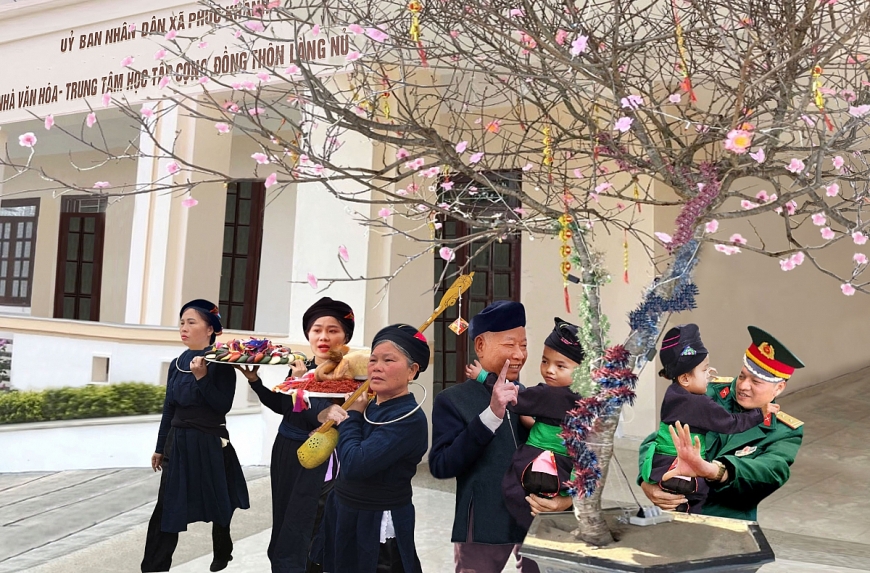 ông Dương Công Uẩn, chi Hội trưởng  người cao tuổi thôn Làng Nủ và Trung tá Nguyễn Danh Nam bàn tán cây đào trưng tết.