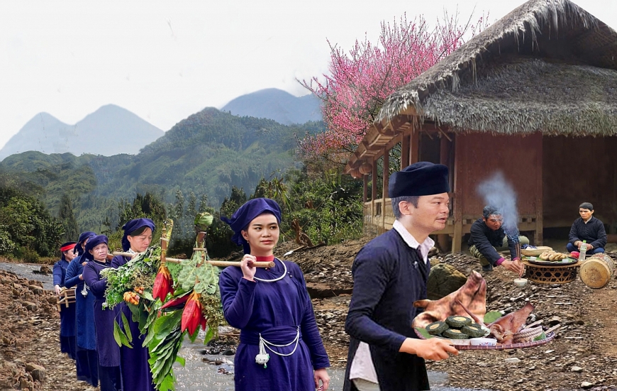 ông Hoàng Văn Diệp trưởng thôn Làng Nủ dẫn đầu bưng lễ vật vào chân núi Voi cúng mời vong linh những người qua đời vì lũ quét về Nhà văn hóa cộng đồng thụ lộc Tết.