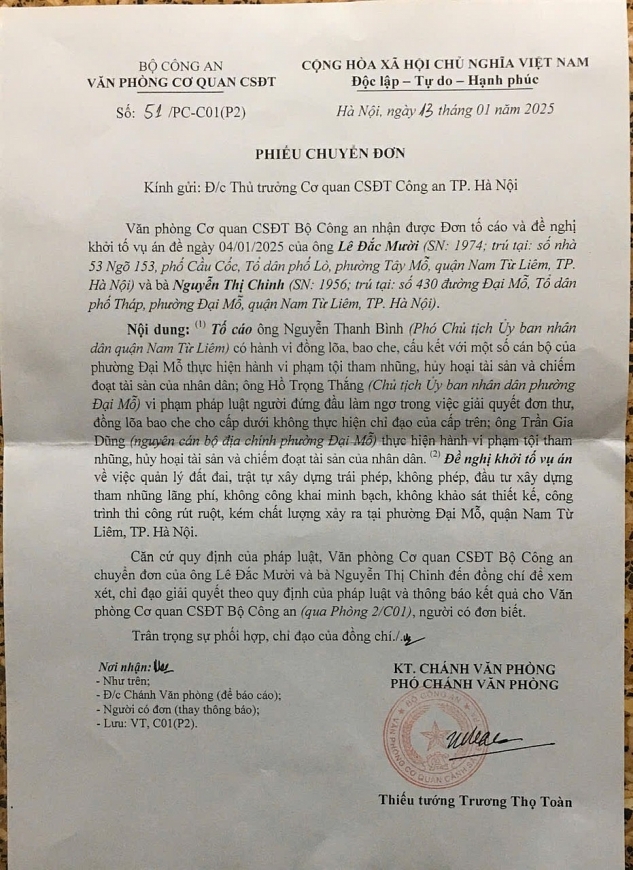 Văn phòng Cơ quan CSĐT, Bộ Công an có văn bản gửi Cơ quan CSĐT, Công an TP Hà Nội xem xét giải quyết, xử lí đúng pháp luật