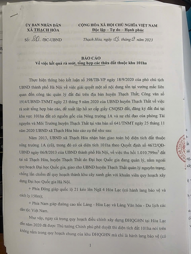 UBND xã Thạch Hòa nhiều lần làm báo cáo gửi cấp trên, cùng với đề nghị xem xét, cấp GCNQSDĐ đối với những thửa đất đầy đủ giấy tờ, sử dụng ổn định và nằm ngoài quy hoạch khu ĐHQG.