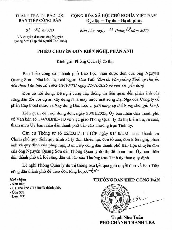 “Phiếu chuyển đơn kiến nghị, phản ánh” số: 22/BTCD ngày 11/2/2025 của Ban Tiếp công dân (Thanh tra TP Bảo Lộc)