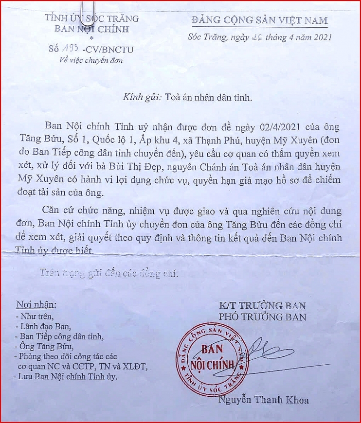 Văn bản số 193-CV/BNCTU ngày 26/4/2021 của Ban Nội chính Tỉnh ủy Sóc Trăng.