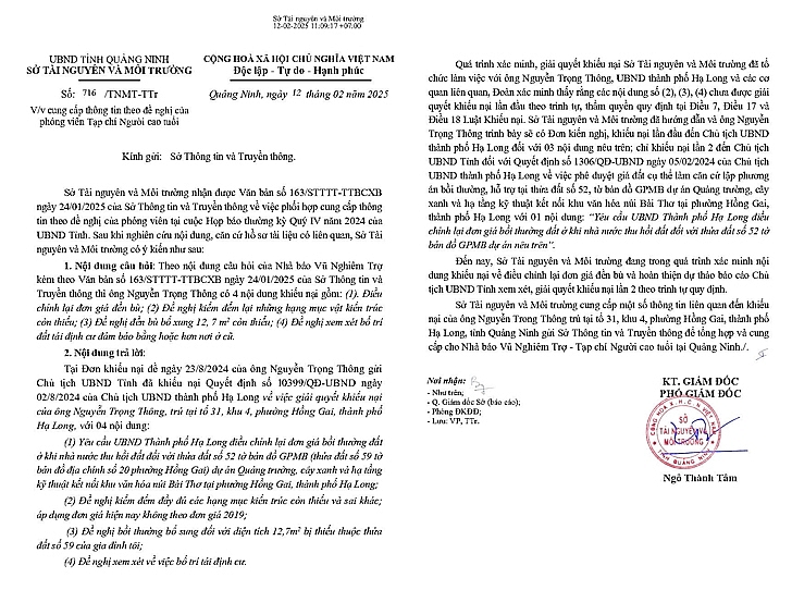 Văn bản trả lời PV Tạp chí Người cao tuổi của Sở Tài nguyên và Môi trường tỉnh Quảng Ninh, gửi qua Sở Thông tin Truyền thông tỉnh Quảng Ninh.