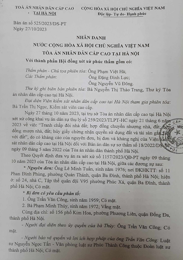 Bản án số 525/2023/DS- PT ngày 27/10/2023 của TAND Cấp cao tại Hà Nội 2. Phiếu nhận đơn của TAND Cấp cao tại Hà Nội. 