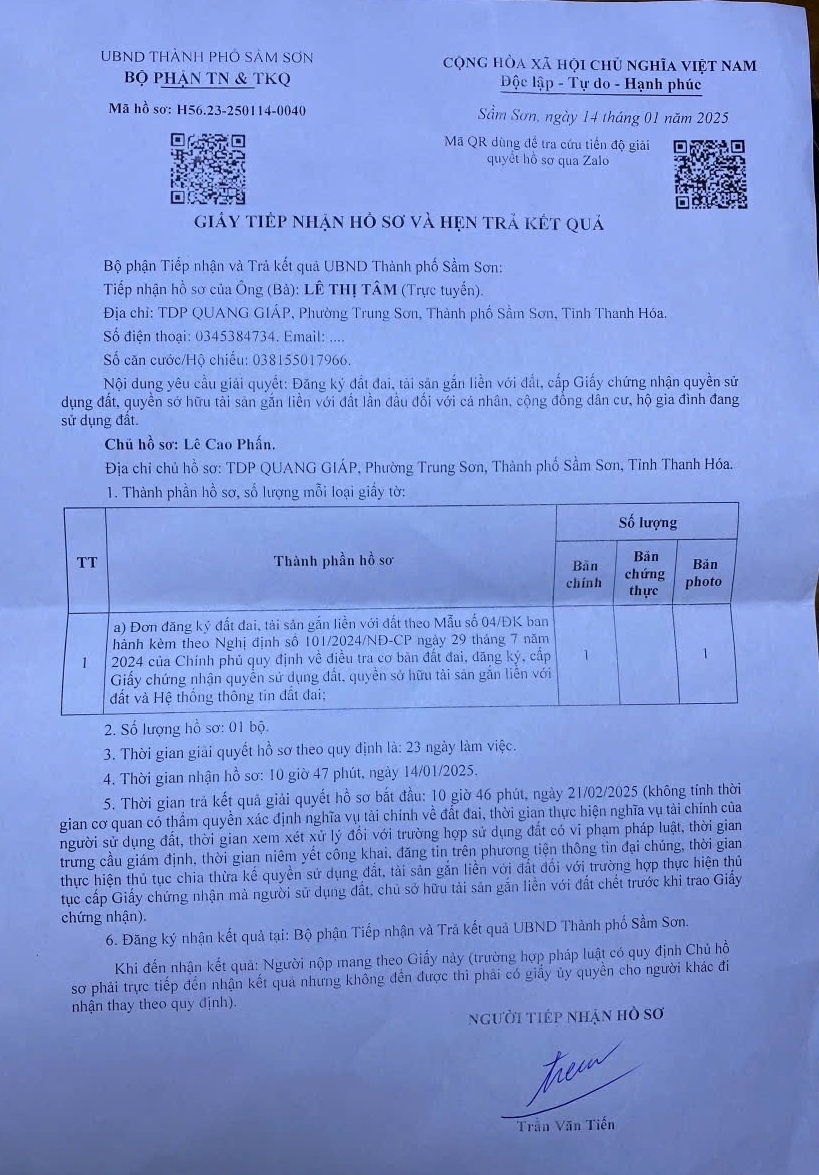 Cần nhanh chóng hoàn thành thủ tục cấp Giấy chứng nhận quyền sử dụng đất cho gia đình ông Lê Cao Phấn