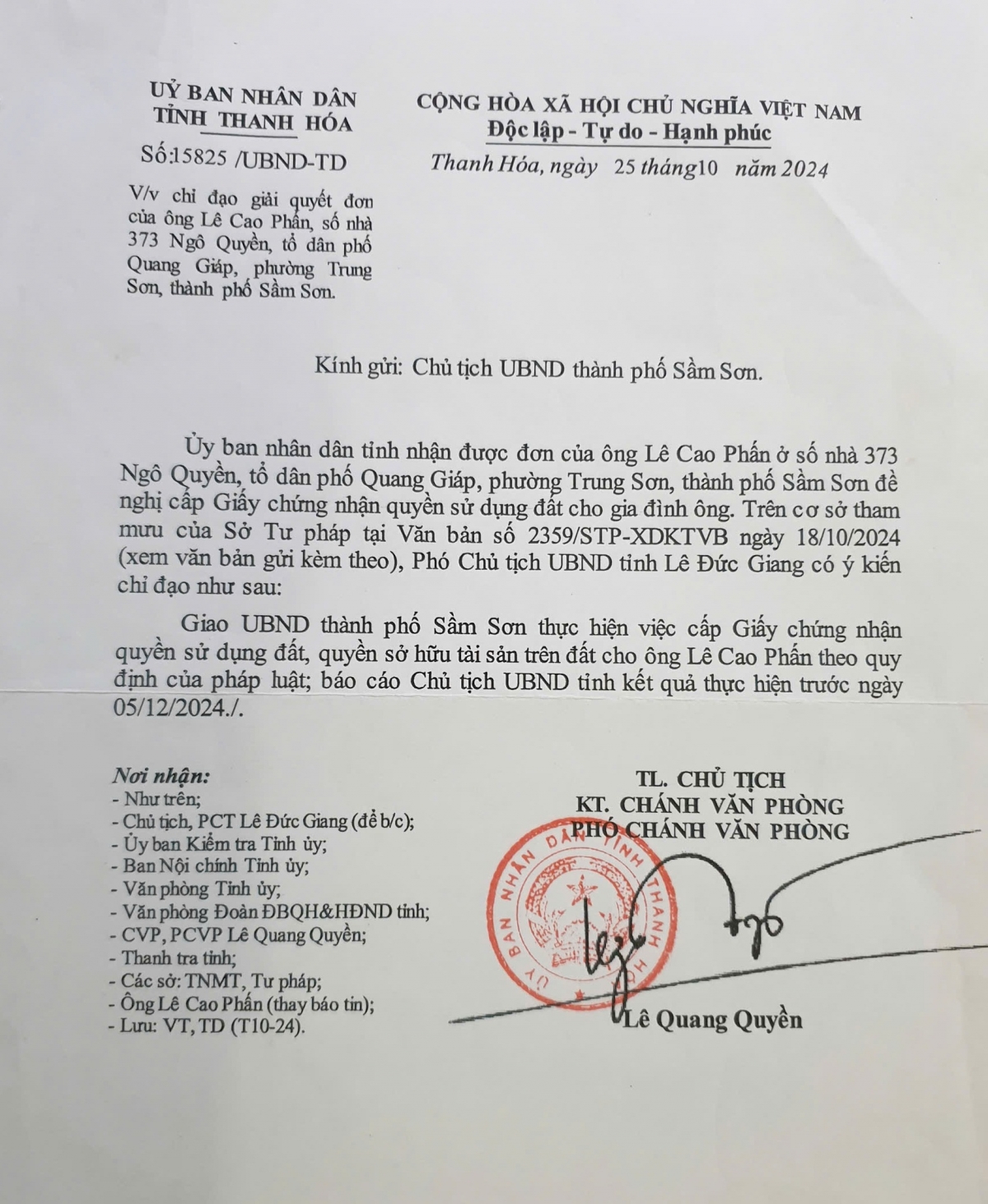 Cần nhanh chóng hoàn thành thủ tục cấp Giấy chứng nhận quyền sử dụng đất cho gia đình ông Lê Cao Phấn