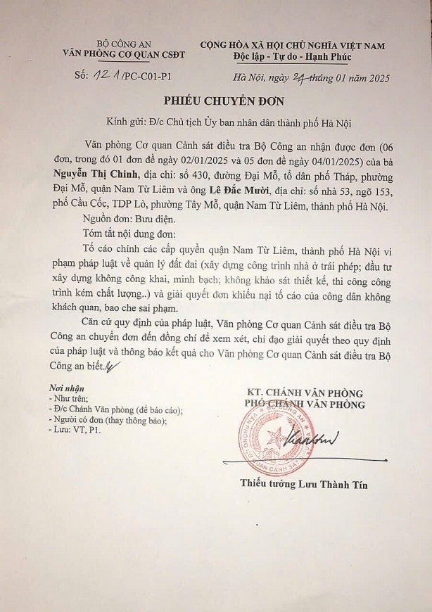 Văn bản của Văn phòng  Cơ quan CSĐT,  Bộ Công an gửi Chủ tịch UBND TP Hà Nội.