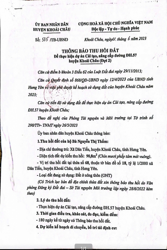 . Thông báo của UBND huyện Khoái Châu về việc thu hồi đất đối với hộ bà Nguyễn Thị Thắm.