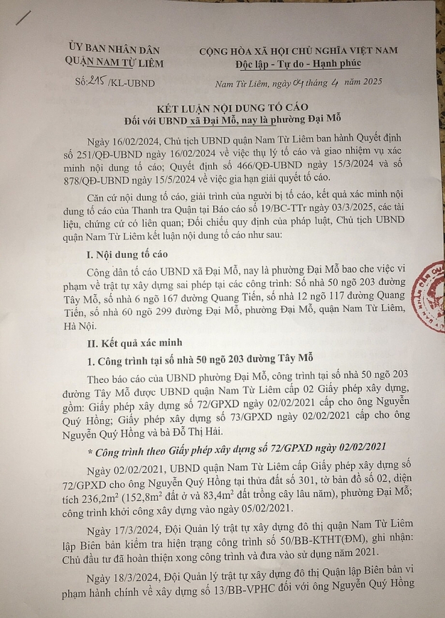 Kết luận nội của UBND quận Nam Từ Liêm về việc công dân tố cáo những vi phạm xảy ra tại phường Địa Mỗ.