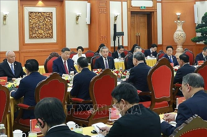 Tổng Bí thư Tô Lâm hội đàm với Tổng Bí thư, Chủ tịch nước Trung Quốc Tập Cận Bình. Ảnh: Thống Nhất/TTXVN