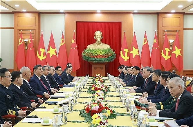 Tổng Bí thư Tô Lâm hội đàm với Tổng Bí thư, Chủ tịch nước Trung Quốc Tập Cận Bình. Ảnh: Thống Nhất/TTXVN