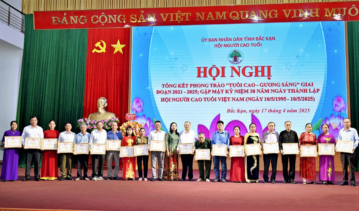 Bà Đinh Thị Sơn, Chủ tịch Hội NCT tỉnh trao Giấy khen cho các tập thể có thành tích xuất sắc.